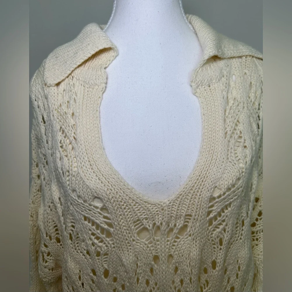 Free People Elton Sweater Dress Cream‎ Open Knit Collared Long Sleeve Boho M